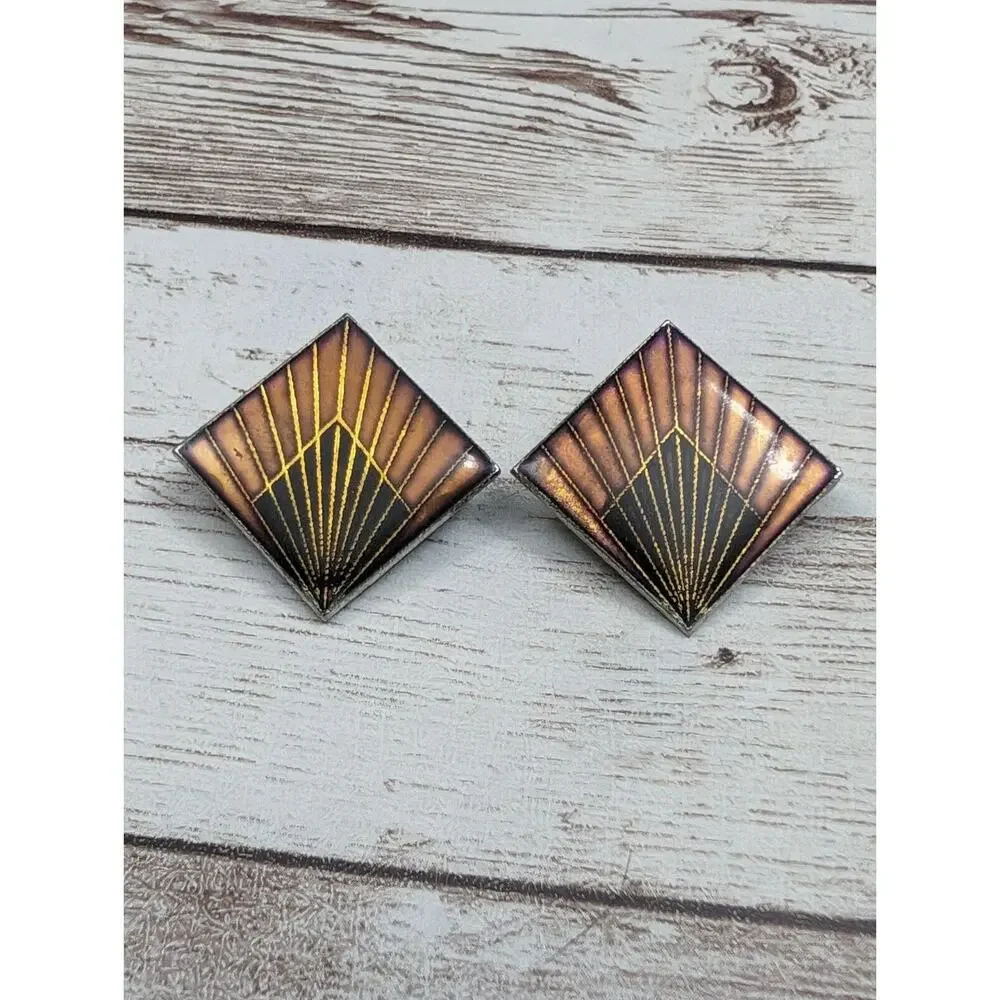 Vintage Clip On Earrings Statement Diamond Shape with Design